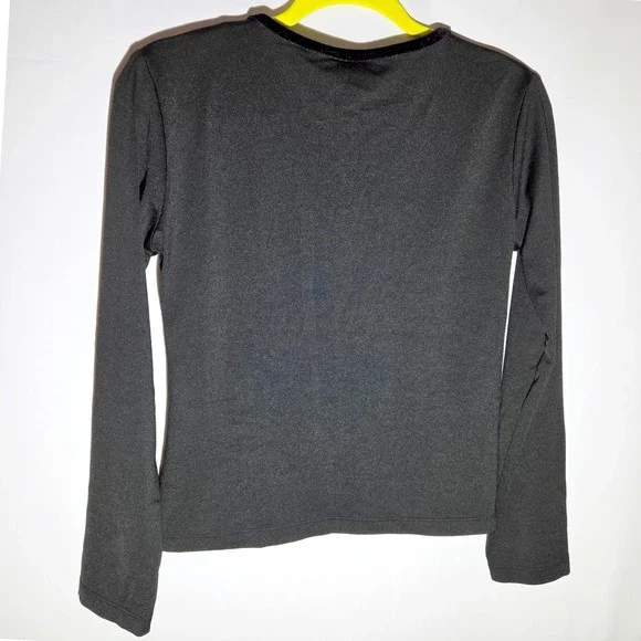 Malibu Y2K Black Long Sleeve V-Neck Velvet Trim Tie Front Top Womens Small - Picture 3 of 4
